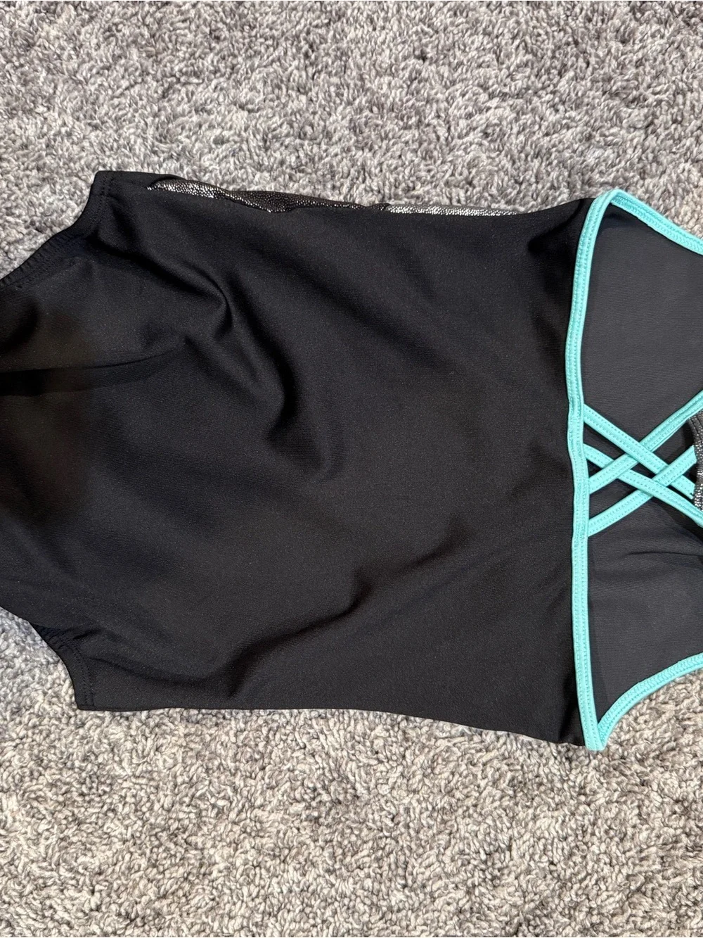 Justice Black One-Piece Gymnastics Leotard with Silver Shimmer and Teal Trim